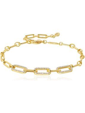 Dainty Stackable Link Bracelet for Women - 18K Gold Plated CZ Chain, Adjustable
